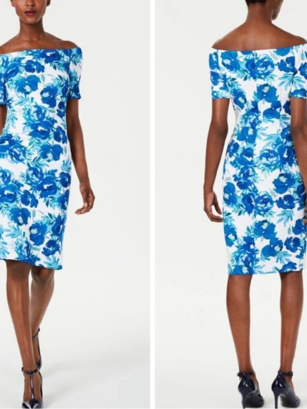 Calvin Klein Blue and White One-Shoulder Floral Sheath Dress
